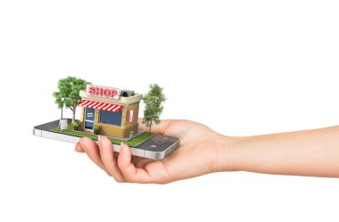 E-ticaret kavramı. El cep telefonu Dükkanı TH ile tutarak