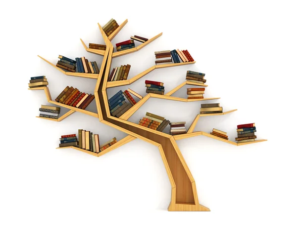 Concept of training. Wooden bookshelf in form of tree. Science a — Stock Photo, Image