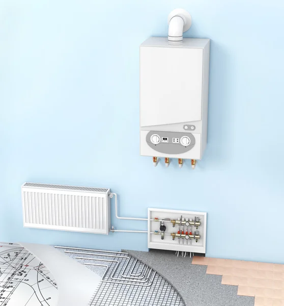 Het concept van verwarming met radiatoren en een ketel. Vloerverwarming — Stockfoto