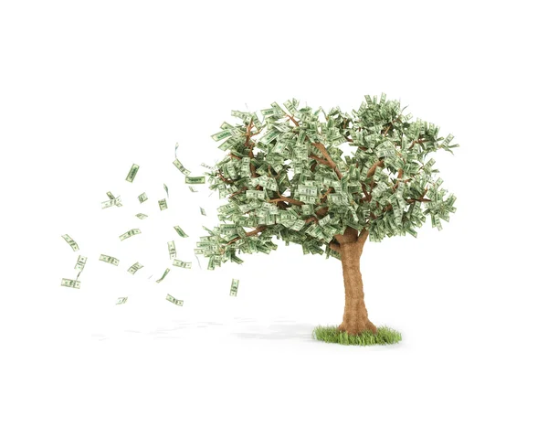 Arbre de dollar avec billets de cent dollars et avec vent Ove isolé — Photo