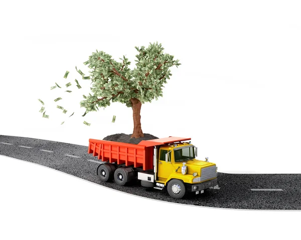 Conceito, caminhão com uma árvore de dinheiro na parte de trás vai na estrada — Fotografia de Stock