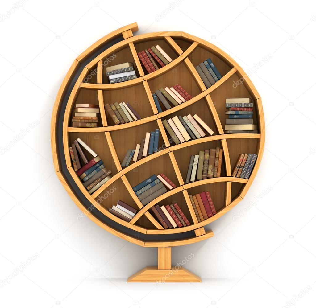 Concept of training. Wooden bookshelf in form of globe. Science