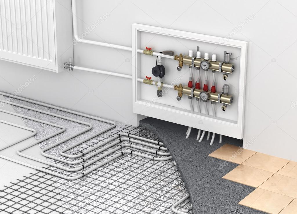 Underfloor heating with collector and radiator in the room. Conc