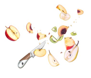 A knife and fruit cut in half are frozen in mid air clipart