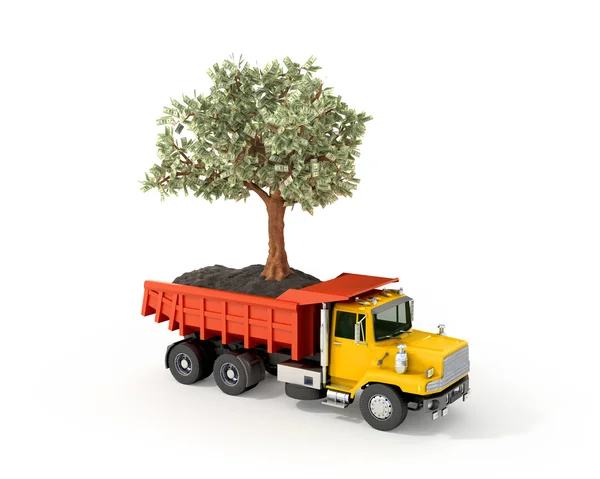 Concept, truck with a money tree in the back in perspective — Stock Photo, Image