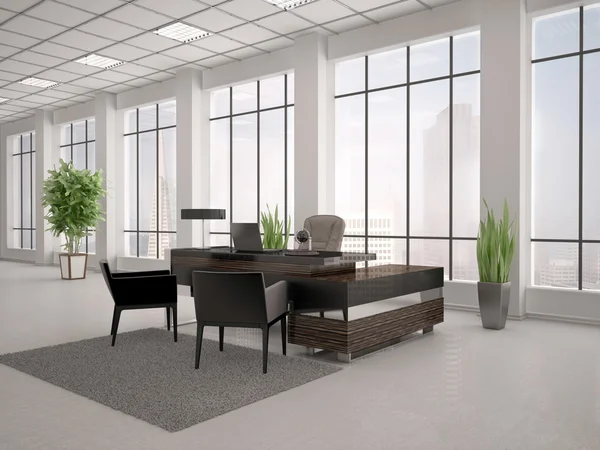 Ilustración 3d del lugar de trabajo moderno en una oficina con viento grande — Foto de Stock