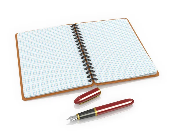 Blocco note e penna inchiostro su sfondo bianco . — Foto Stock
