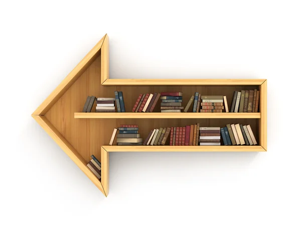 Koncepce vzdělávání. Dřevěná Knihovna plná knih ve formě — Stock fotografie