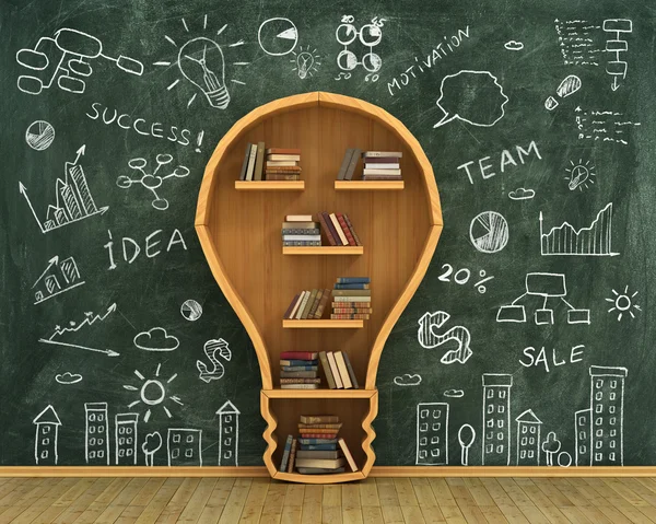 Concept of idea. Bookshelf full of books in form of bulb with co — Stock Photo, Image