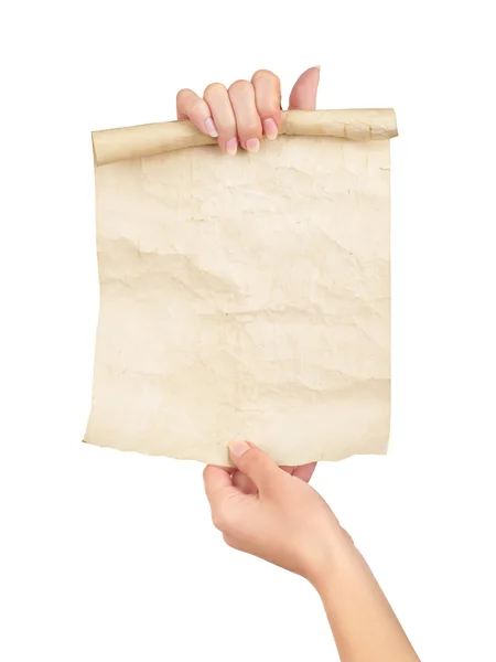 Hands with old paper on white background — Stock Photo, Image