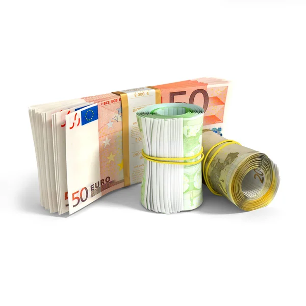 Euro notas bancárias rolos e pilha — Fotografia de Stock