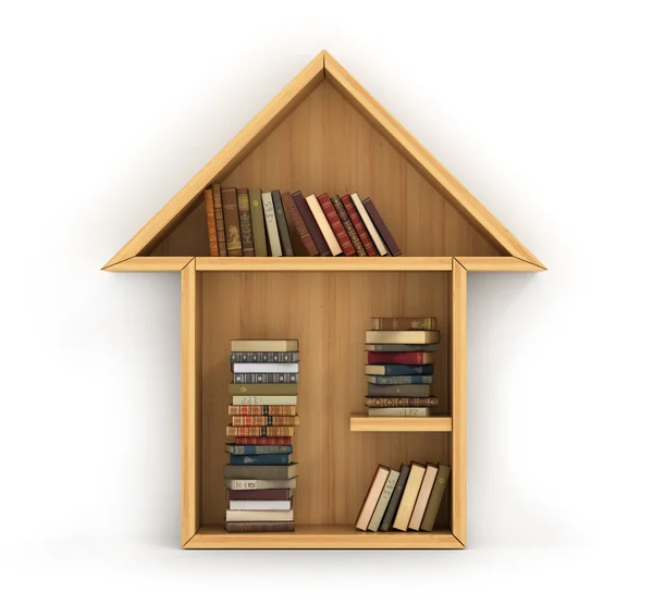 Koncepce vzdělávání. Dřevěná Knihovna plná knih ve formě h — Stock fotografie