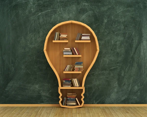 Concept of idea. Bookshelf full of books in form of bulb with co — Stock Photo, Image