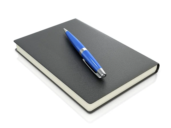 Carnet noir avec stylo bleu sur fond blanc — Photo