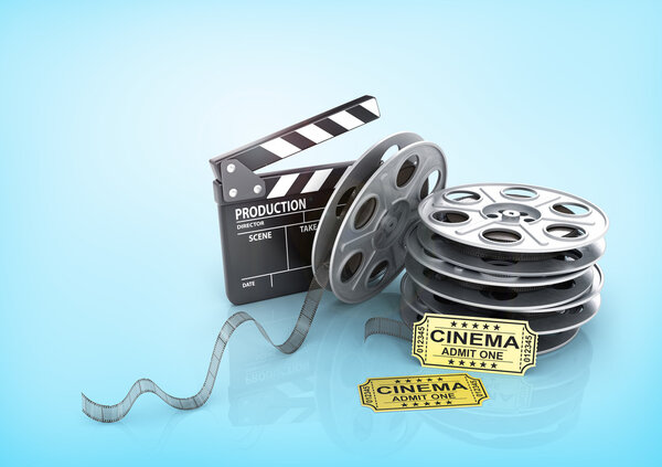 Film Reels, tickets and clapper board. Video icon