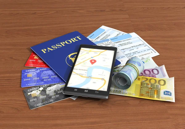 Viajes de negocios y turismo concepto; billetes de avión, pasaporte, smar — Foto de Stock