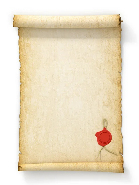 Scroll of old yellowed paper with a wax seal on a white backgrou — Stock Photo, Image