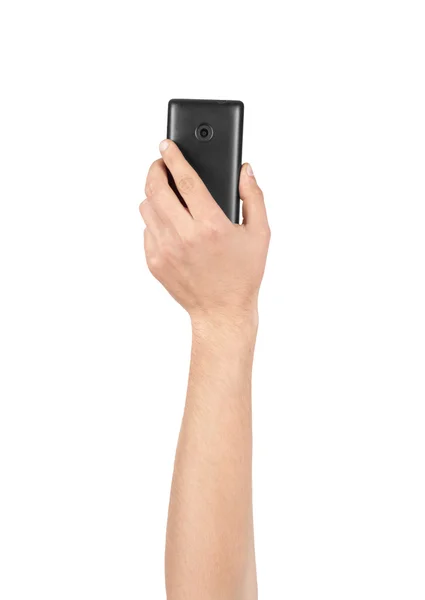 Рука держа смартфон изолирован на белом — стоковое фото