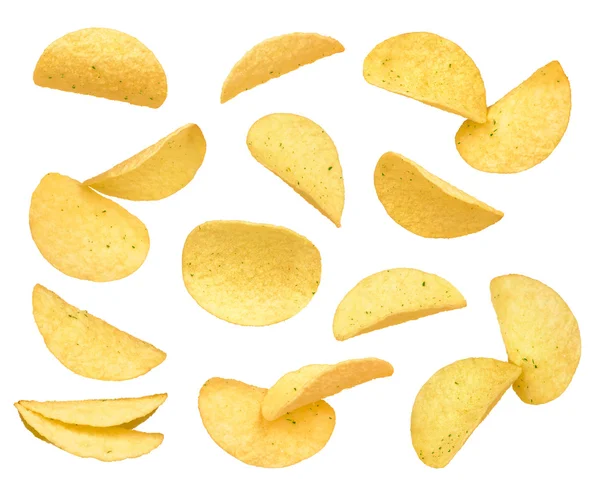 감자 칩 클로즈업 흰색 배경에 고립의 집합 — 스톡 사진