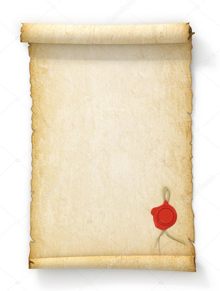 Scroll of old yellowed paper with a wax seal on a white backgrou