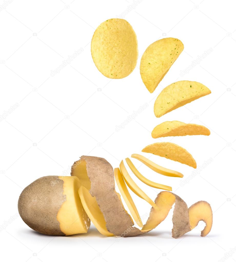 of potatoes turns into potato chips isolated on white background