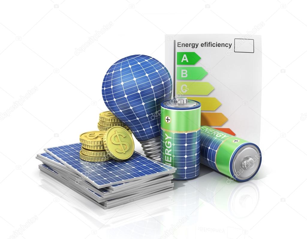 Concept of saving money if use solar energy. Solar battery in fo