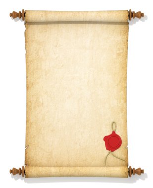 Scroll of old yellowed paper with a wax seal on a white backgrou clipart