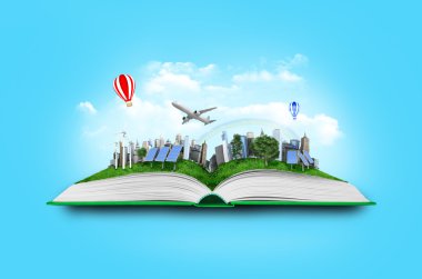 Open book with green nature world coming out of its pages clipart