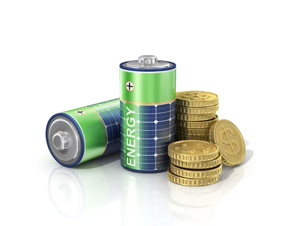 Concepto de ahorro de dinero si se utiliza la energía solar. Batería solar con — Foto de Stock