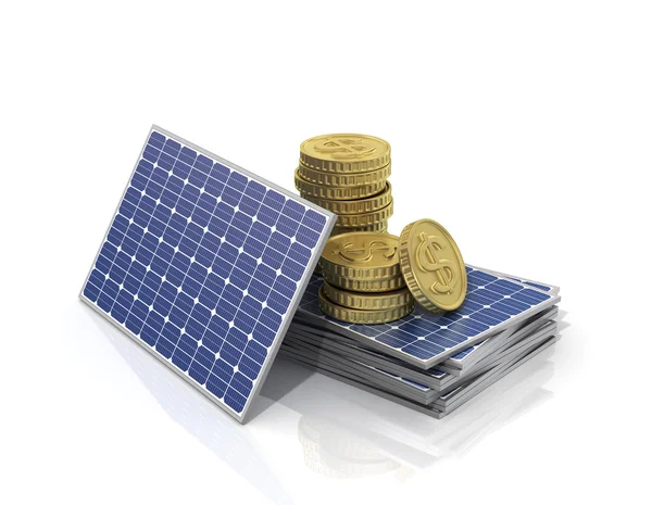 Концепция экономии денег при использовании солнечной панели. Стек денег на й — стоковое фото