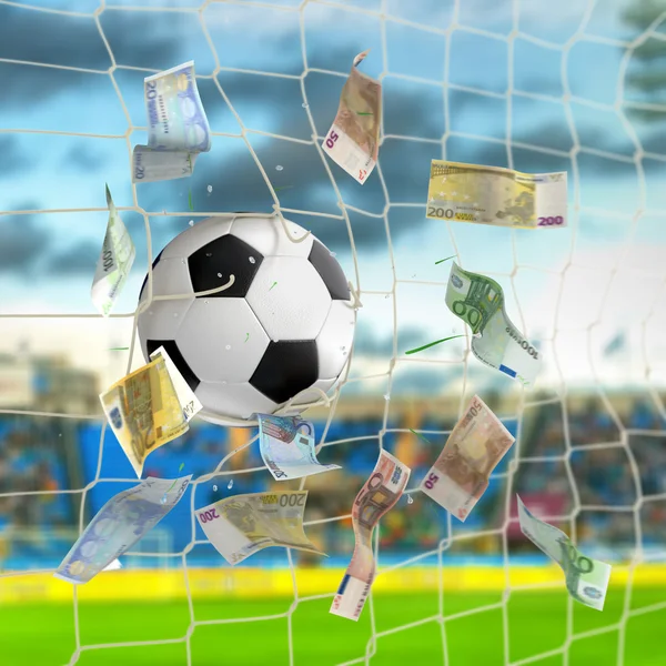 Soccer ball in the net with euro banknotes — Stock Photo, Image