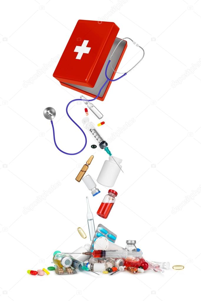 falling from box medical syringes, bottles, pills, ampules and s