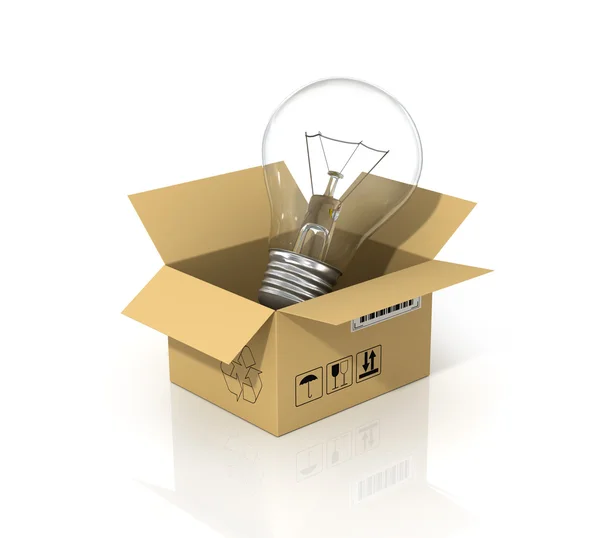 Conceito de economia de energia. A lâmpada na caixa de papelão. En... — Fotografia de Stock