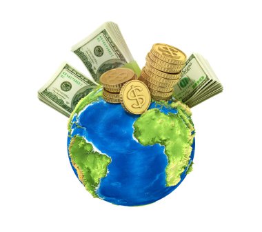 Dünya para kavramı. Mavi bir arka plan üzerinde gezegen para