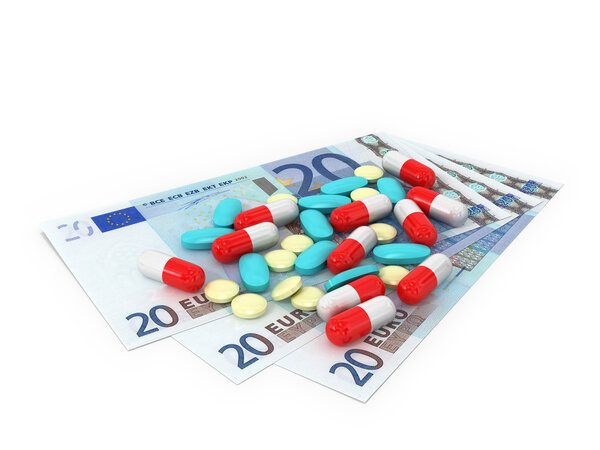 3 bills in denominations of 20 euros which pills scattered on a