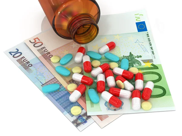 3 rodzaje tabletek leżącego na banknoty euro i butelkę pigułki na — Zdjęcie stockowe