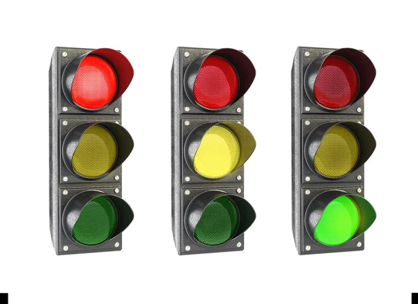 Traffic lights glowing in turn , isolate on a white background — Stock Photo, Image