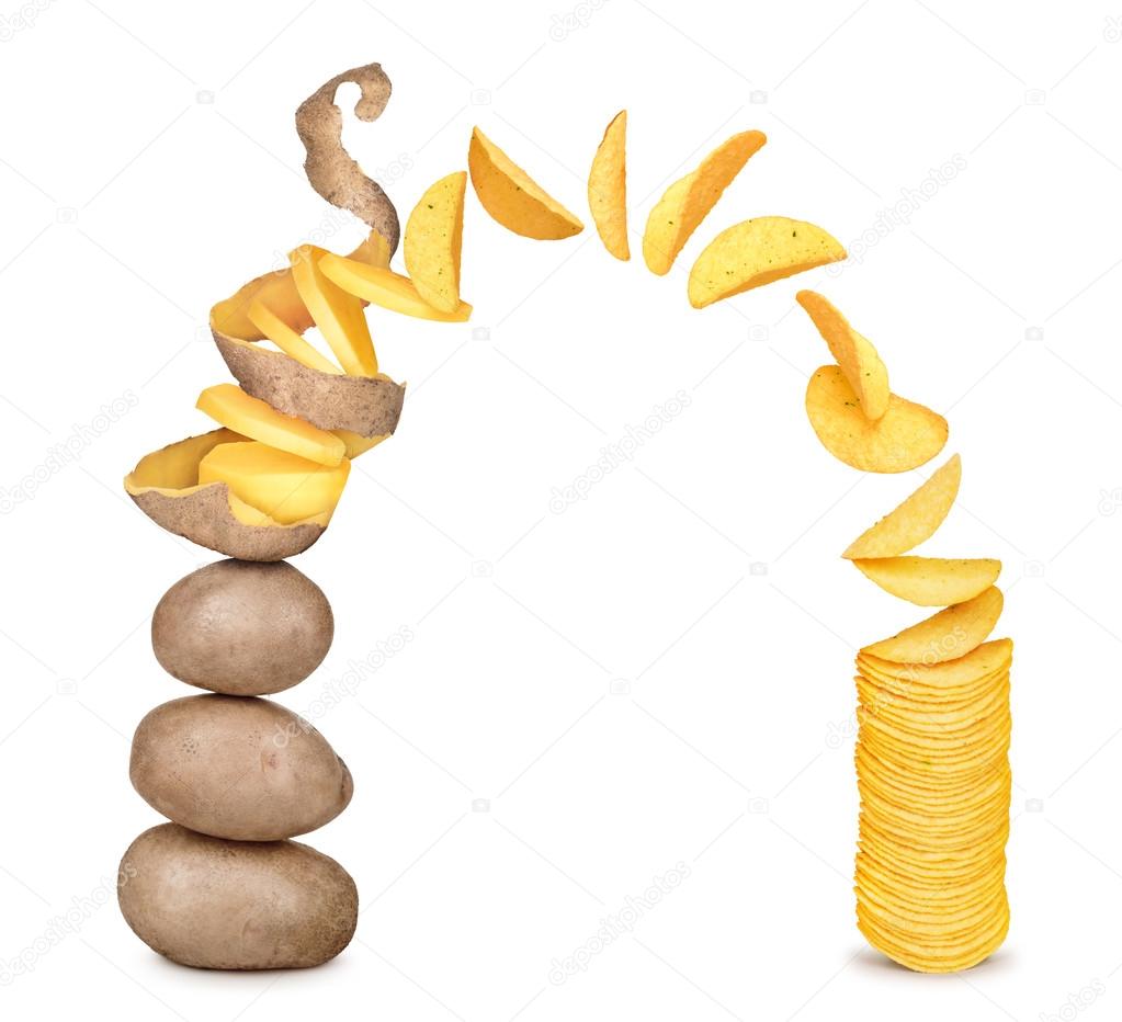 potatoes becomes potato chips isolated on white background