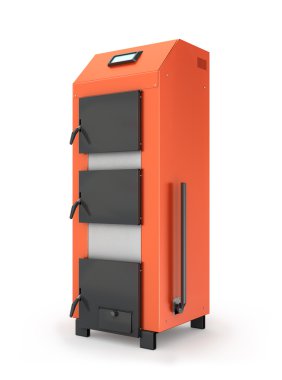 Kırmızı katı yakıtlı kazan. Beyaz arka plan üzerinde izole