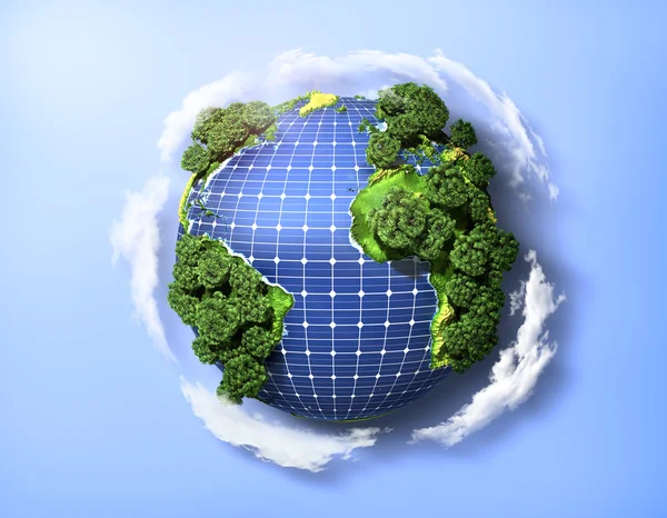 Concept of green solar energy. Green planet earth with trees and — Stock Photo, Image