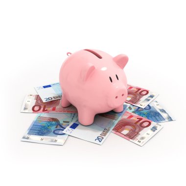 Beyaz bacground izole euro faturalarında pembe kumbara