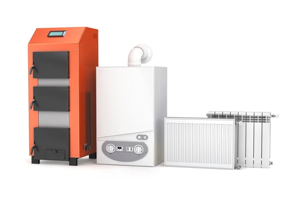 Conjunto de objetos del sistema de calefacción. Caldera de combustible sólido, caldera y rad — Foto de Stock