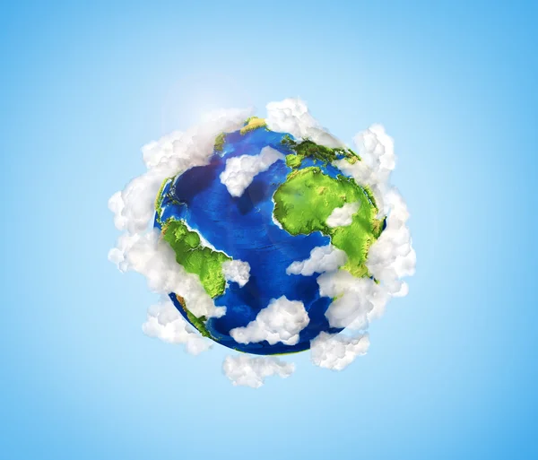 Small planet with oceans and mountains in clouds. — Stock Photo, Image