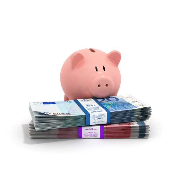 Bank Piggy menempatkan pada tumpukan tagihan Euro terisolasi dengan warna putih — Stok Foto