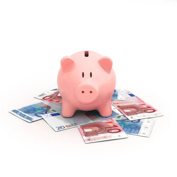 Pink piggy bank pada tagihan euro — Stok Foto