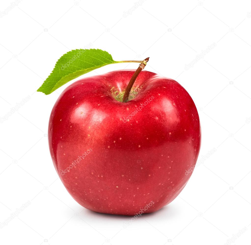 ripe red Apple with green leaf isolated on white background