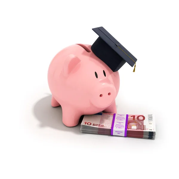 Een piggy bank dragen een afstuderen cap met stapel euro rekeningen o — Stockfoto