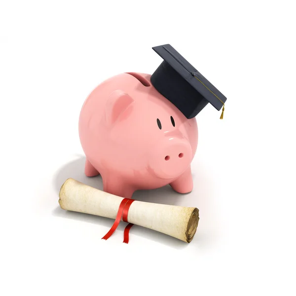 Piggy Bank com Black Graduation Hat e diploma amarrado com r vermelho — Fotografia de Stock