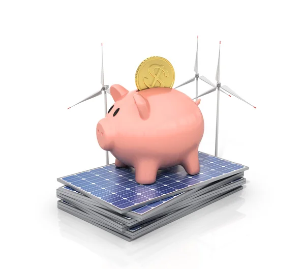 Concept van het besparen van geld als met behulp van zonne-energie. Zonnepanelen en — Stockfoto