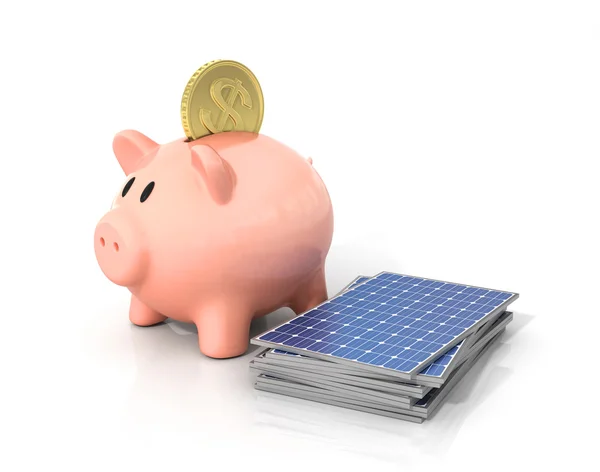 Concept van het besparen van geld als met behulp van zonne-energie. Zonnepanelen in de buurt van — Stockfoto